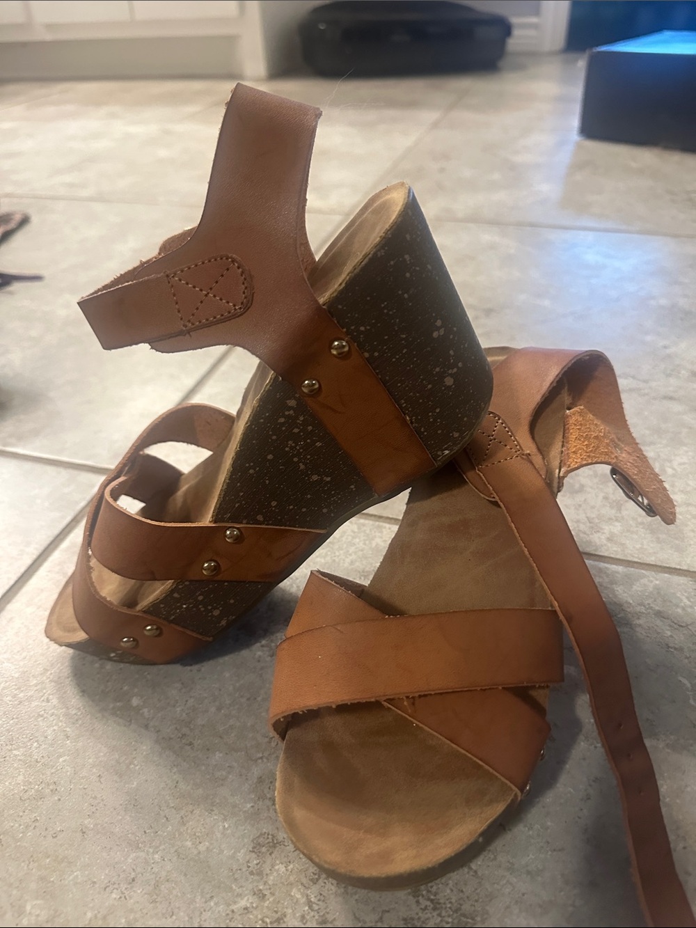 Refresh Brown Tan Wedge Sandals with Stud Accents